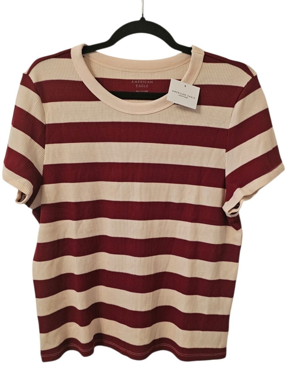 Red and Cream American Eagle Outfitters Women's Waffle Striped Hey Baby T-Shirt